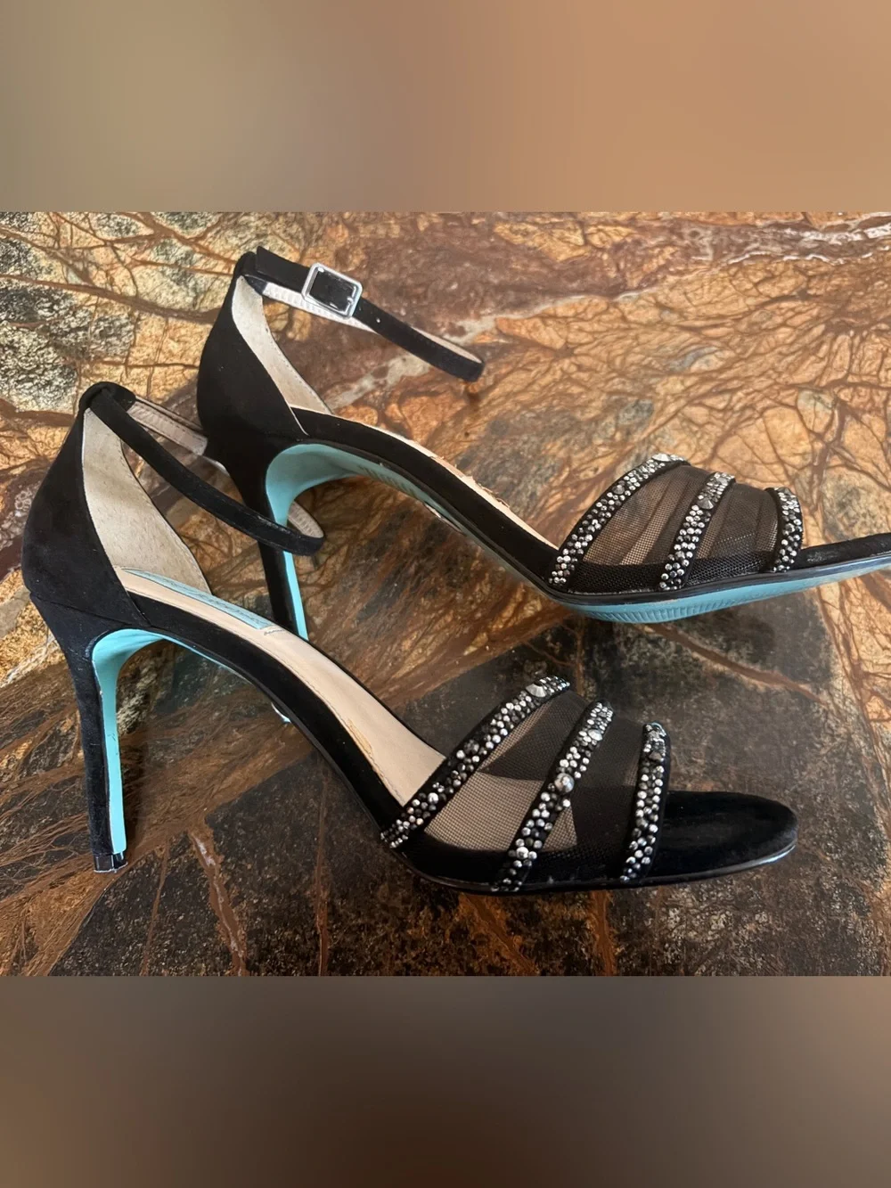 Betsy Johnson Black Embellished Open-Toe Heels